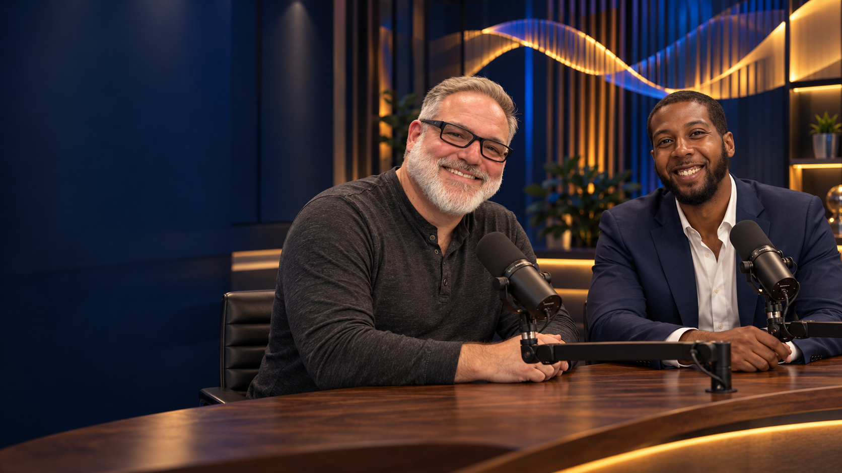 AI-created scene of Tom Bush and LeSean Shaw at microphones in a cinematic broadcast studio.